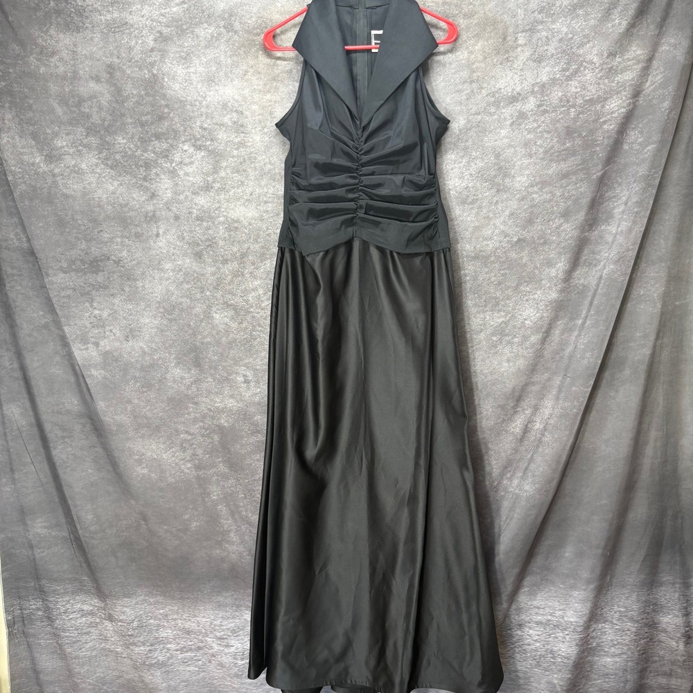 Vintage Tadashi Shoji Ruched Tuxedo Gown Formal Dress Sz 10 Black Satin Collared